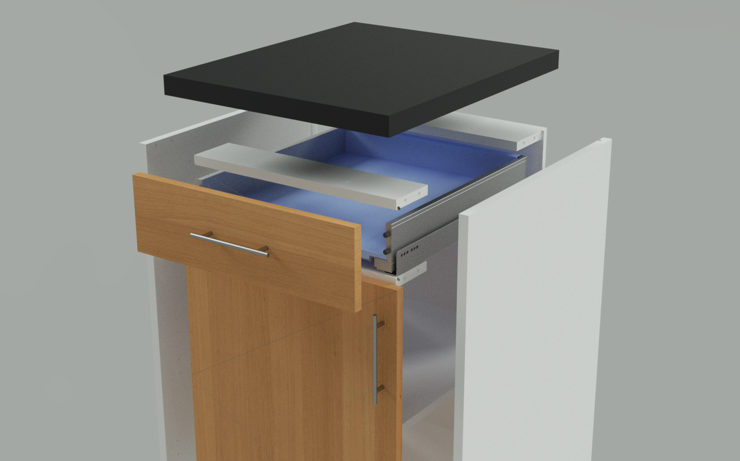 3D model of a door drawer cabinet drawn and engineered using Microvellum's AutoCAD-based Toolbox software.