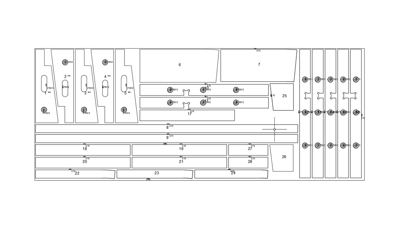 Optimized CNC nest pattern for diewall parts created with MIcrovellum's AutoCAD-based CADCAM software, Toolbox