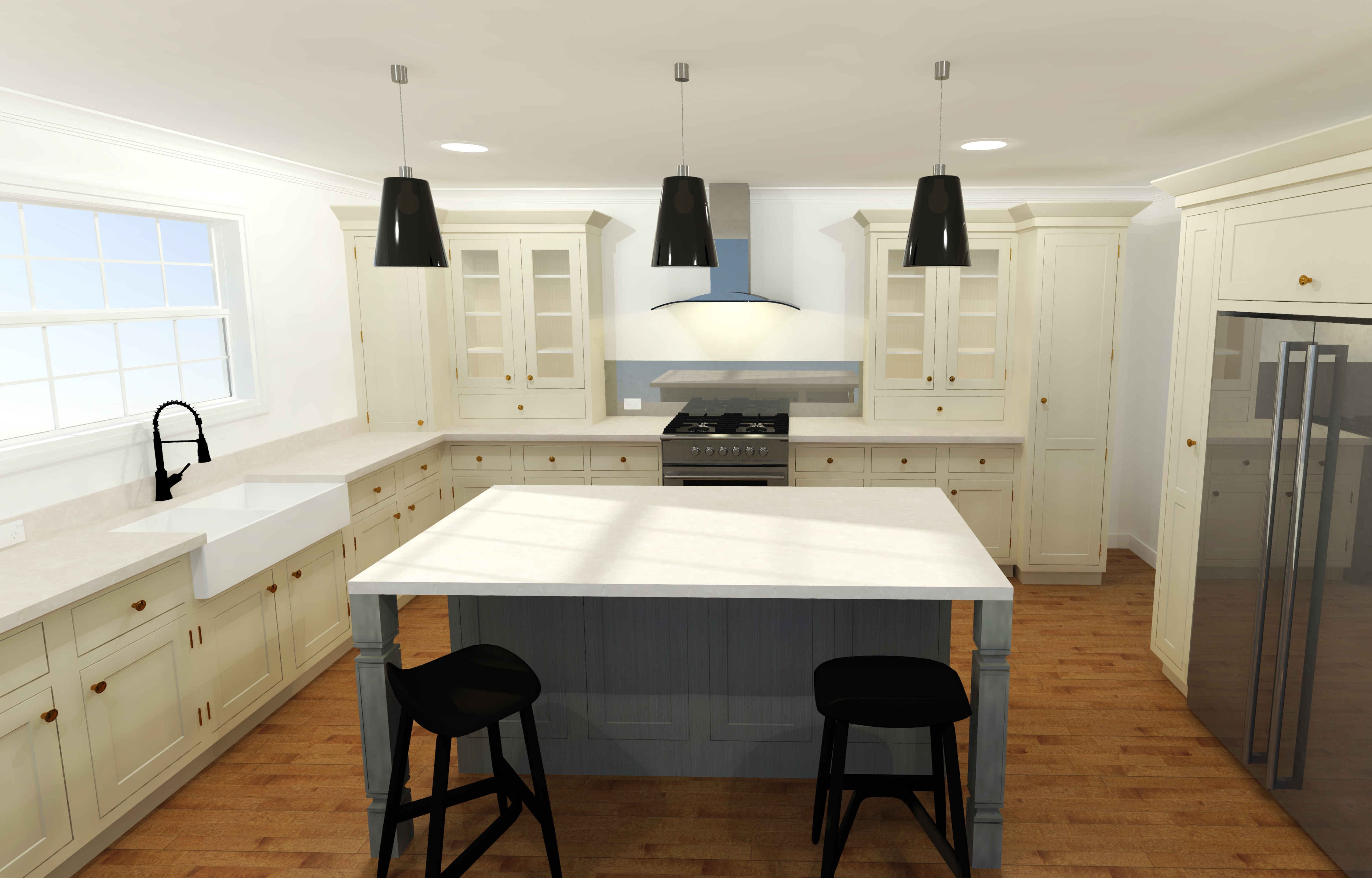 Rendering of a face frame kitchen drawn and engineered for production in Microvellum software