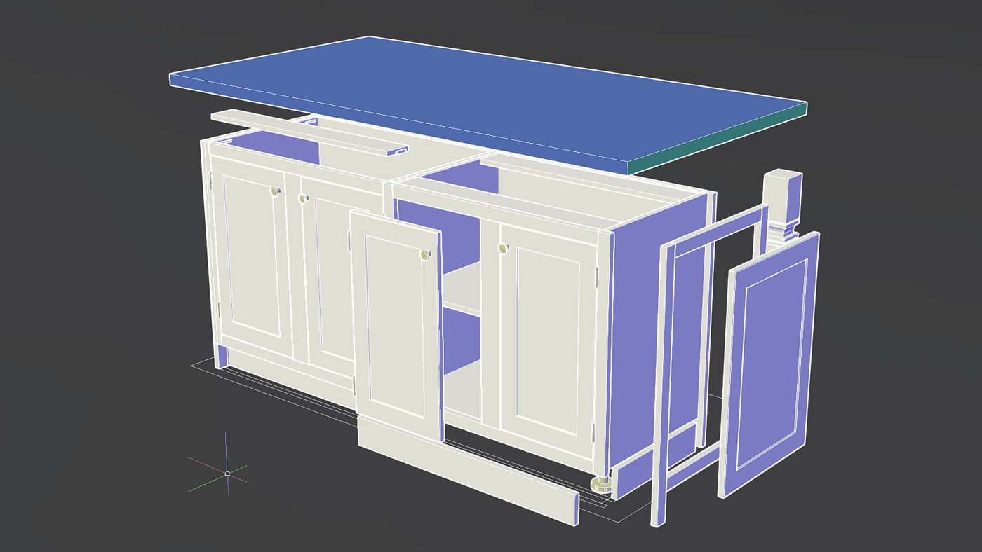 Exploded 3D model of a face frame kitchen island engineered with Microvellum software