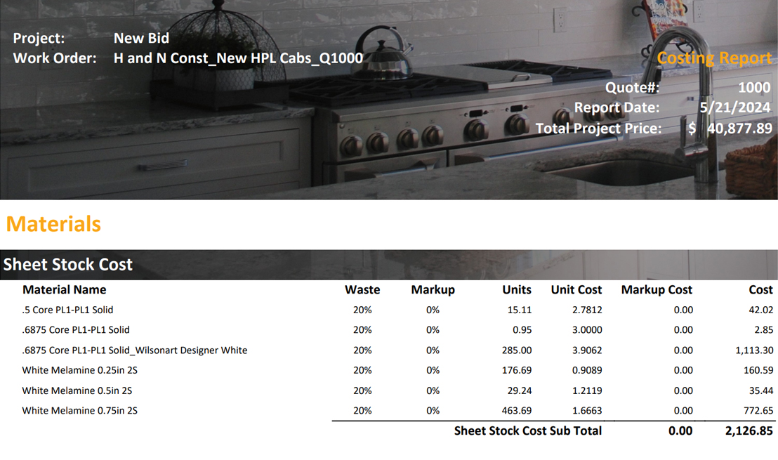 Project costing report generated for a kitchen cabinet design project from Microvellum