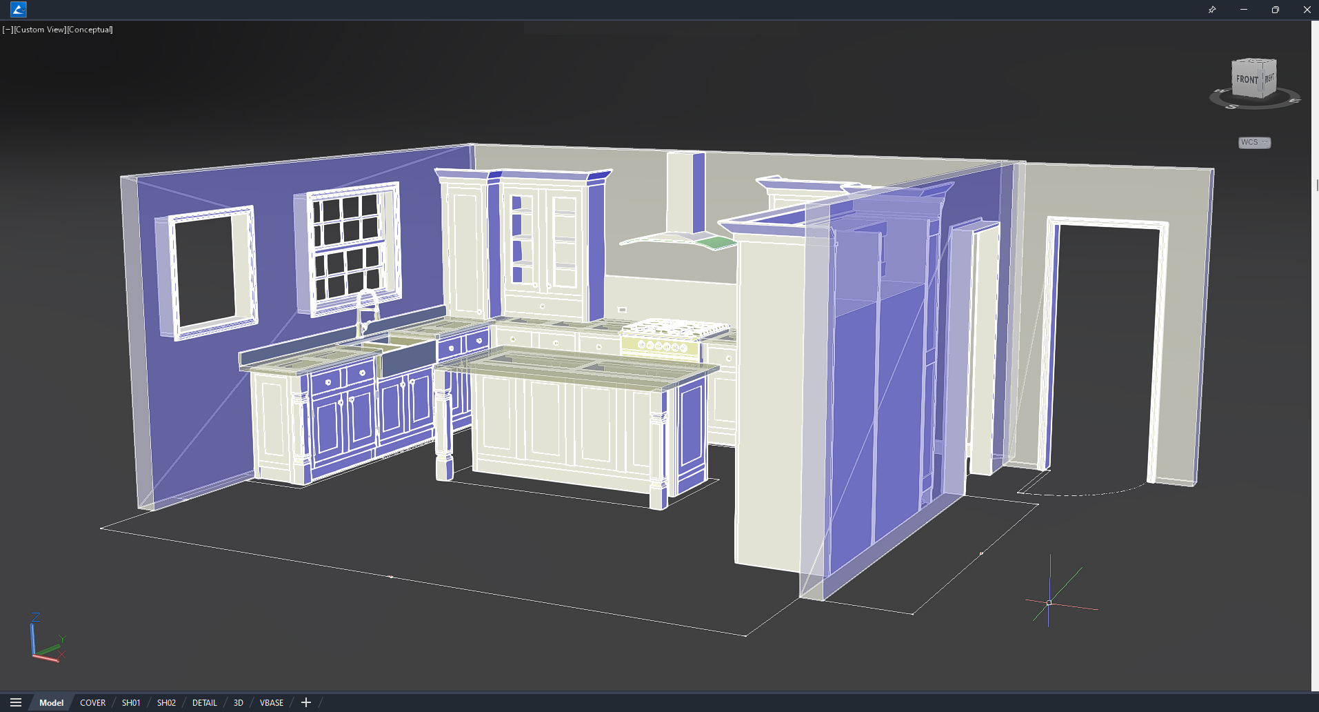 3D Model of a Face Frame Kitchen Drawn in MIcrovellum Toolbox.