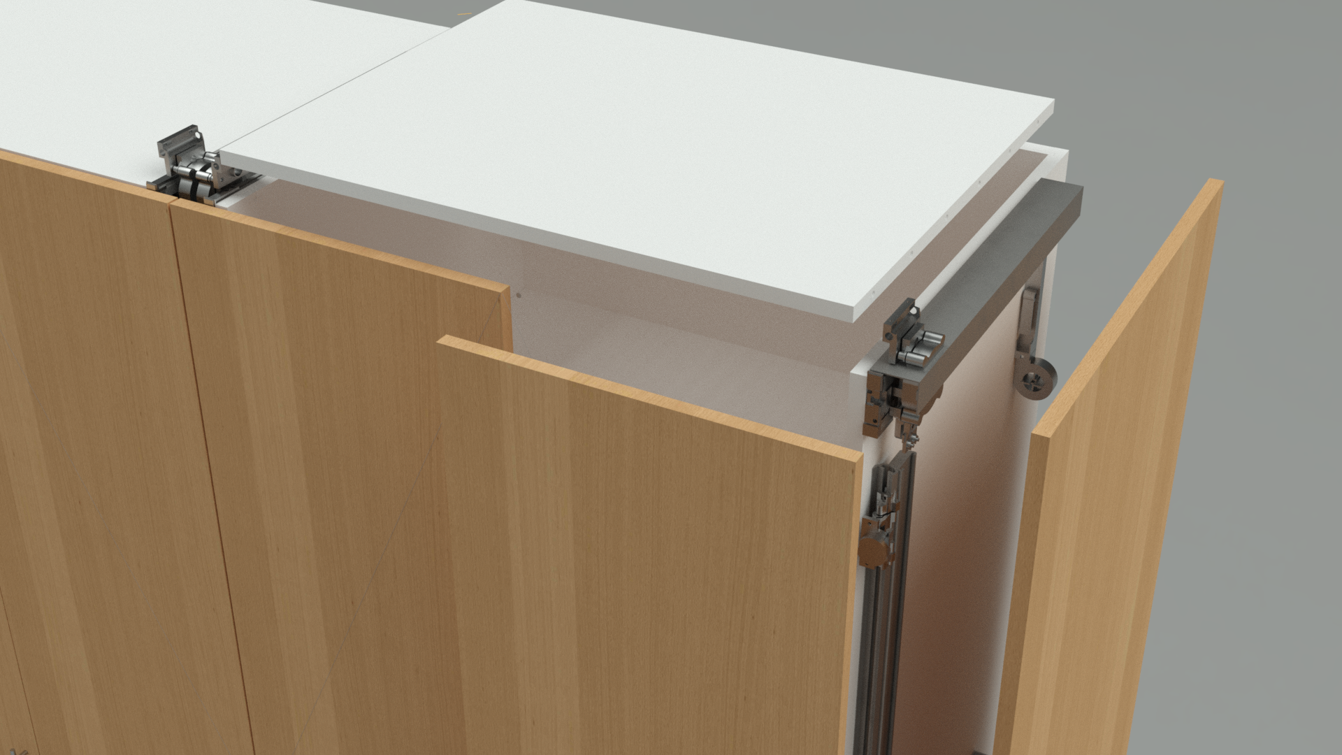 3D model of a custom cabinet with sliding door hardware drawn and engineered using Microvellum's AutoCAD-based Toolbox software.